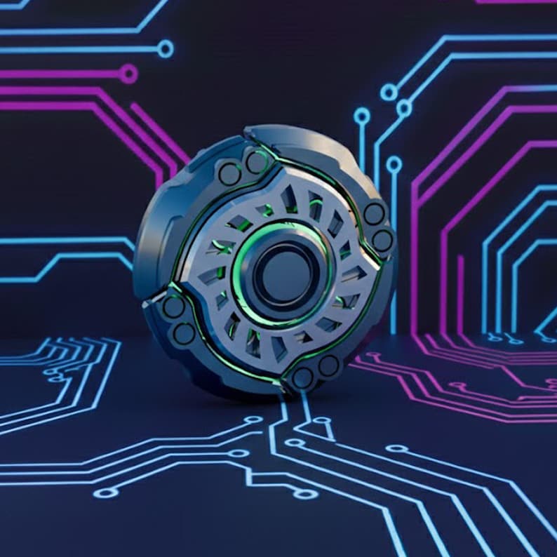 May include: A futuristic, circular device with a metallic gray and teal exterior, accented by green and black details. The object is set against a dark blue background with glowing blue and purple circuit board patterns.