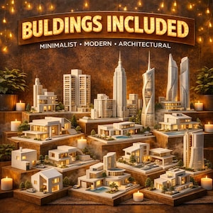 Może przedstawiać: Prezentacja miniaturowych modeli architektonicznych, w tym drapaczy chmur i nowoczesnych dom&oacute;w, ułożonych na schodkowych drewnianych platformach. Znak powyżej głosi "BUILDINGS INCLUDED" z "MINIMALIST &bull; MODERN &bull; ARCHITECTURAL". Świece i rośliny.