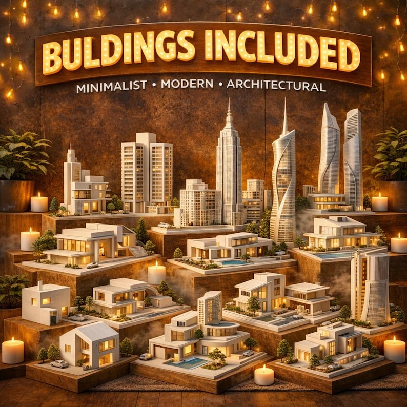 Może przedstawiać: Prezentacja miniaturowych modeli architektonicznych, w tym drapaczy chmur i nowoczesnych dom&oacute;w, ułożonych na schodkowych drewnianych platformach. Znak powyżej głosi "BUILDINGS INCLUDED" z "MINIMALIST &bull; MODERN &bull; ARCHITECTURAL". Świece i rośliny.