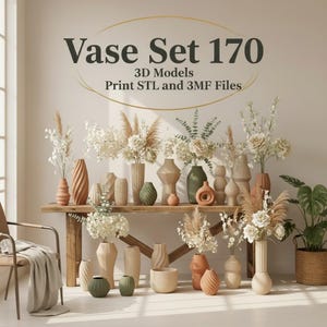 Könnte beinhalten: Eine Sammlung dekorativer Vasen in verschiedenen Formen und Farben, angeordnet auf einem Holztisch. Die Vasen sind mit Trockenblumen und Grünzeug gefüllt. Das Bild enthält den Text "Vase Set 170" und "3D Models Print STL and 3MF Files."