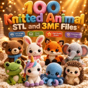 May include: A collection of colorful, knitted animal figurines, including a bear, rabbit, fox, elephant, frog, unicorn, octopus, and hedgehog. The image also features the text "100 Knitted Animal STL and 3MF Files."