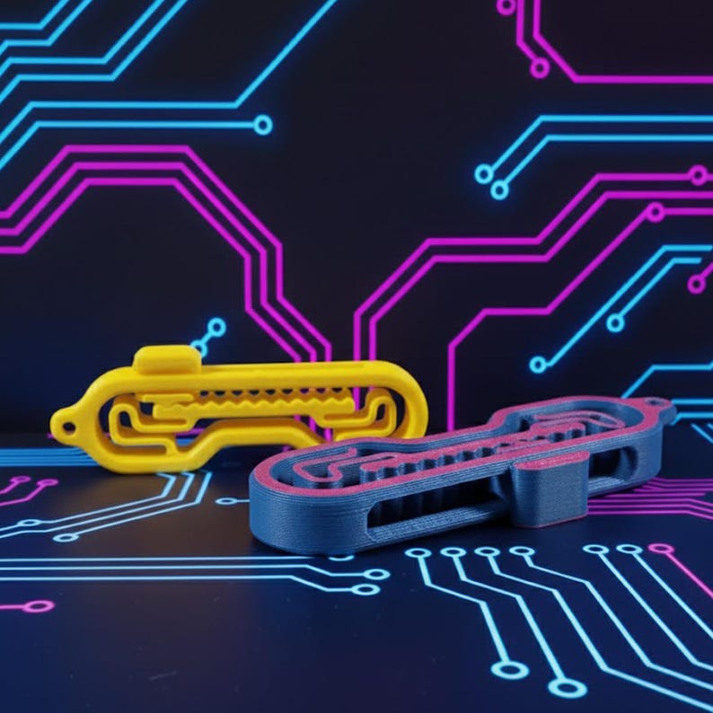 May include: Two 3D-printed key-shaped objects. One is yellow, the other is blue with a red interior. They are set against a dark background with a circuit board design in blue and purple.