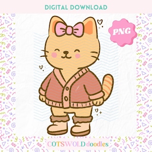 Cozy Fall Cat PNG | Kawaii Kitten in Cardigan Clipart | Cute Autumn Animal Sublimation Design for Shirts, Mugs & Stickers