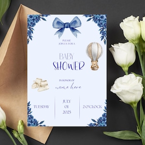 Blue Baby Shower Invitation | Editable Digital Boy Baby Shower Card | Hot Air Balloon Bear Theme | Instant Download