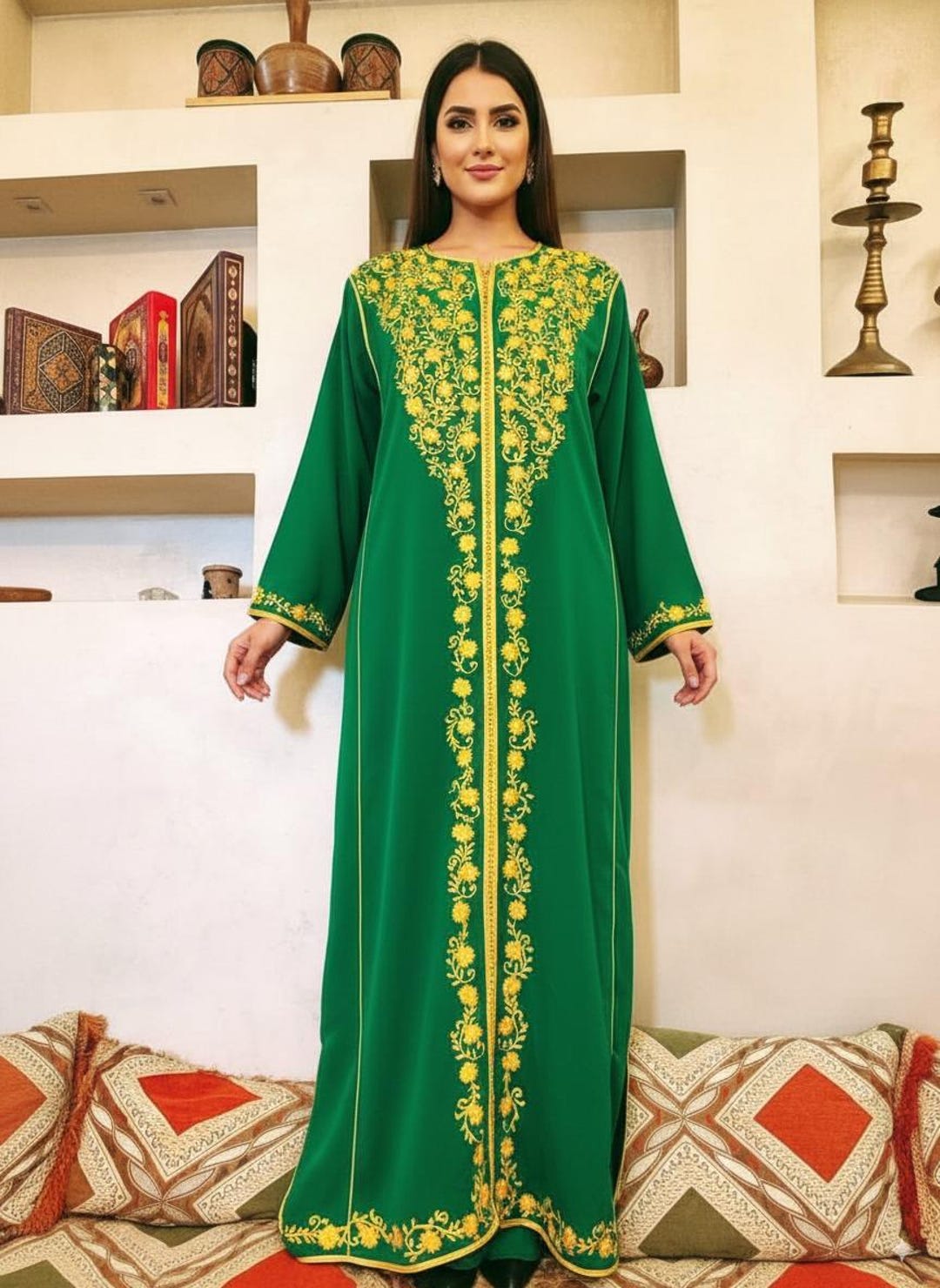 Vintage Moroccan Caftan – Over 40 Years Old, Emerald Green Gold ...