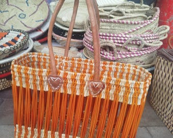 Handwoven Market Basket Tote with Leather Handles – Orange & Natural Palm, Boho Beach/Market Bag