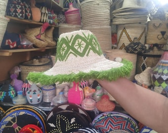 Handmade Moroccan Straw Hat: Berber Palm Leaf Embroidery, Boho Wall Decor