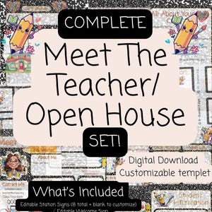 May include: A digital download template for a Meet the Teacher/Open House set. The design includes editable station signs, welcome signs, sign-in sheets, and more. The Canva template is customizable and includes a variety of forms and labels.