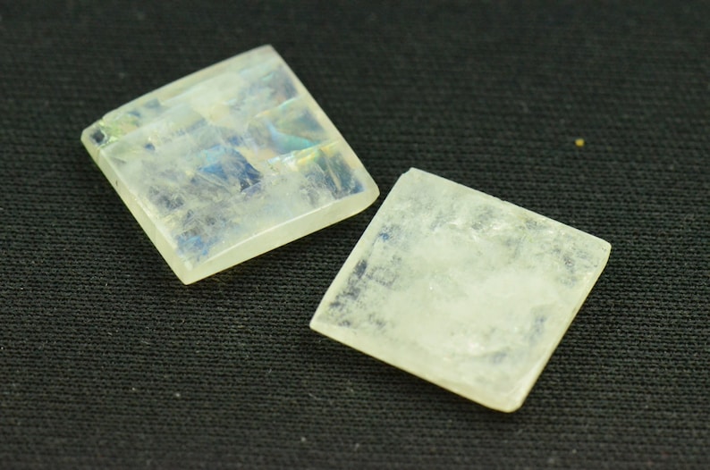 Pair of 16mm square Rainbow Moonstone cabochon 16 x 4mm deep