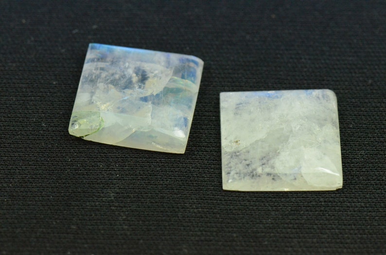 Pair of 16mm square Rainbow Moonstone cabochon 16 x 4mm deep