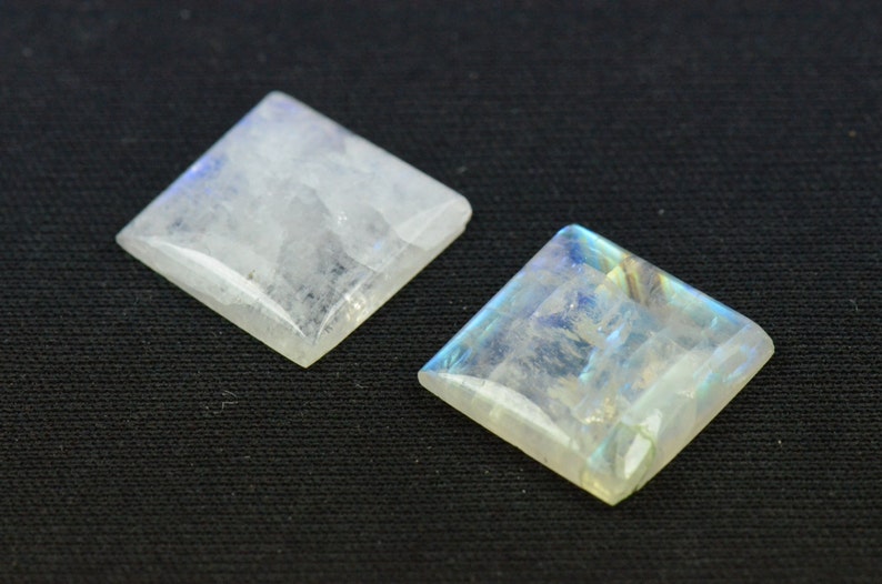 Pair of 16mm square Rainbow Moonstone cabochon 16 x 4mm deep