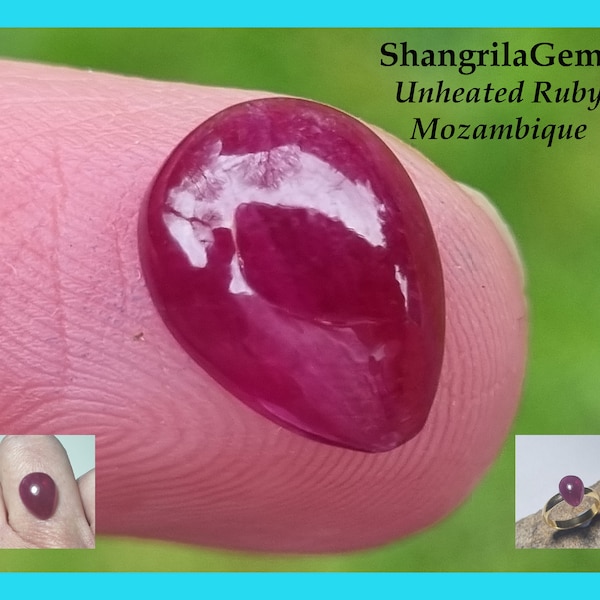 3.66ct 11.6mm Ruby cabochon drop pear shape deep red Mozambique unheated semi transparent 11.6 by 9 by 3.5mm