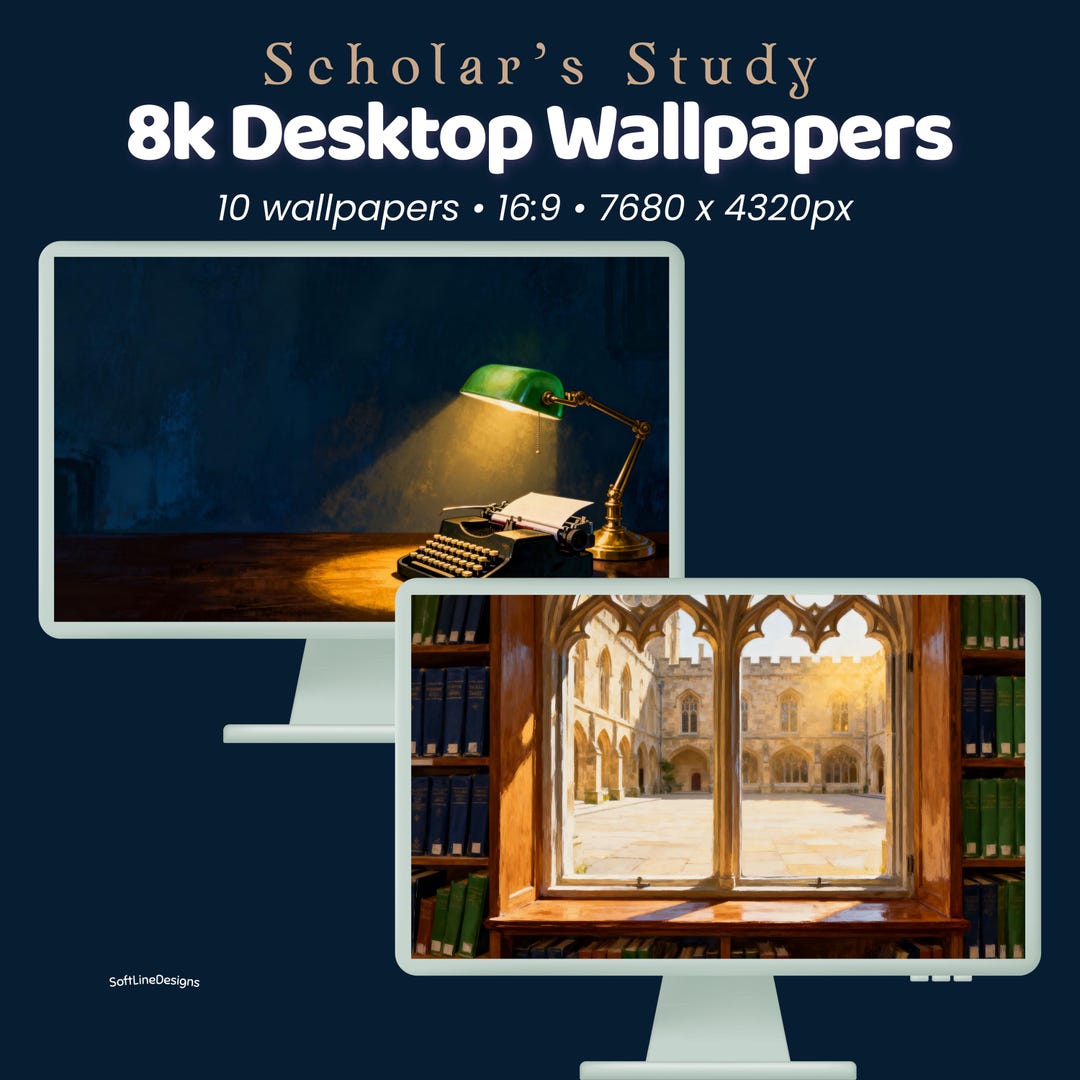 Study Computer Wallpaper 8K Scholar's Study Desktop Wallpaper Bundle, Vintage Typewriter Brass ...