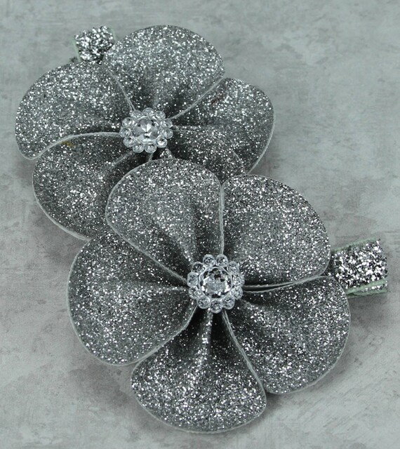 Silver Glitter Bow Silver Hair Bow Silver Flowers Glitter Etsy