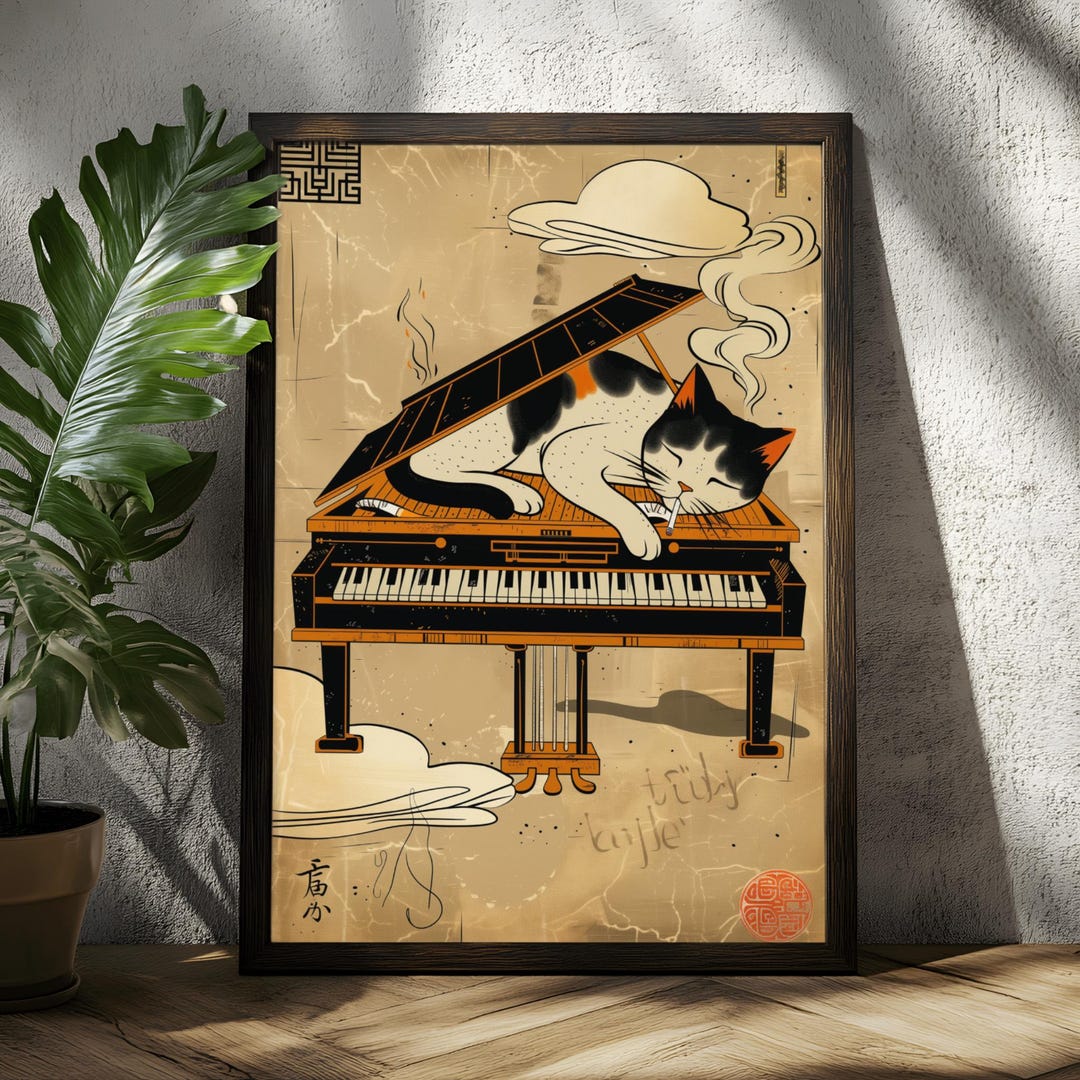 Japanese Piano Cat Poster | Ukiyo-e Style Wall Art | Smoking Cat Print ...