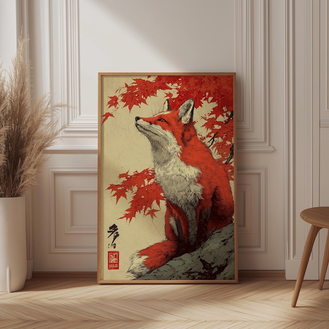 Japanese Red Fox Wall Art | Ukiyo‑e Ink Painting Style Poster ...