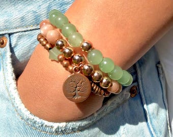 Boho Gemstone, Bronze and Rose Gold Bracelet Stack