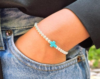 Cross Charm Bracelet Sterling Silver & Turquoise