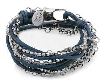 Sydney Blue Leather Wrap Bracelet with Rhinestones & Silver Loop Chain