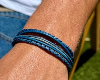 Men’s Kai Adjustable Natural Blue Leather Bracelet