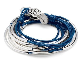 Lizzy Classic 4 Strand Silver Plated Blue Leather Wrap Bracelet