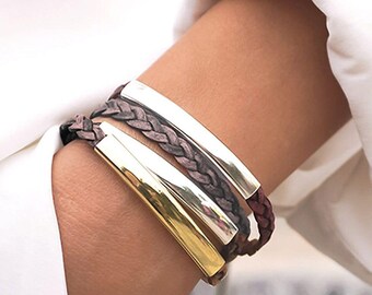 Addison Braided Brown Grey Leather Wrap Bracelet in Gold & Silver