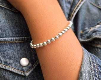 Sterling Silver Bracelet 4mm Beaded Stretch to Fit