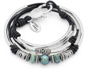 Big Sky Silver Pearl & Labradorite Black Leather Wrap Bracelet