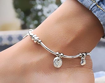 Silver Charm Anklet w Heart Charm & Dangles - Gigi