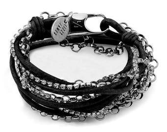 Sydney Black Leather Wrap Bracelet with Rhinestones & Silver Loop Chain