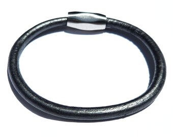 Men's Grey Leather Bracelet w Magnetic Clasp