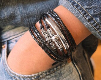Naomi Braided Black Leather Wrap Bracelet with Silver Crescent & Beads