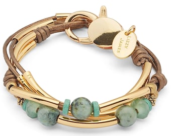 Kerry Bronze Leather Wrap Bracelet in Gold with African Turquoise