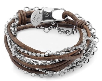 Sydney Brown Leather Wrap Bracelet with Rhinestones & Silver Loop Chain