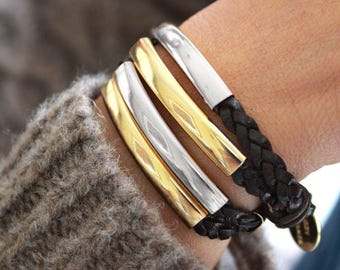 Addison Braided Black Leather Wrap Bracelet in Gold & Silver Crescents