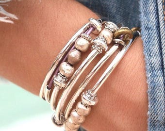 Bella Purple Leather Wrap Bracelet with Silver & Mixed Metal Beads