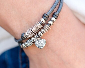 Charlotte Grey Leather Bracelet with Sterling Silver Heart Charm
