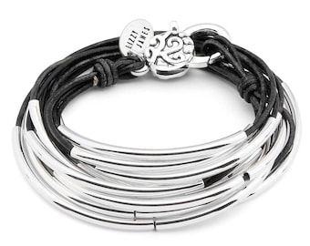 Classic Black Leather Wrap Bracelet with Silver Crescents