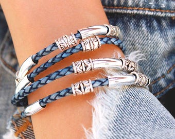 Maxi Braided Blue Leather Wrap Bracelet with Silver Etched Beads