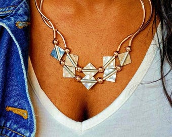 Eslin Tiered Leather and Mixed-Metal Necklace