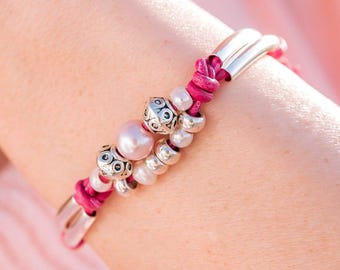 Vitality with Freshwater Pearls in Distressed Pink Leather