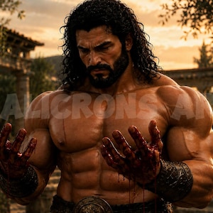 May include: A muscular individual with long dark curly hair and a full beard, wearing dark wrist cuffs. The individual has blood on their hands and chest, standing in an outdoor setting with stone pillars and torches. The text GALICRONS ART is visible.