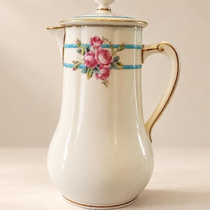 Antique Minton Porcelain Chocolate Pot, Pink Roses, Turquoise, Gold Trim (7 inch)