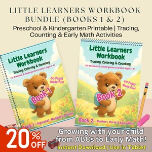 May include: Two "Little Learners Workbook" books with a cartoon bear on the cover. The workbooks are for preschool and kindergarten children, focusing on tracing, colouring, and early maths activities. The image includes text that says "20% OFF".