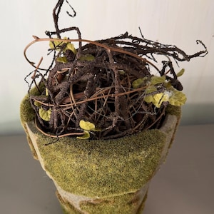 May include: A conical planter covered in green moss containing a decorative arrangement of dark brown intertwined twigs, thin branches, and small yellow-green leaves. The structure is dense and textured, featuring a mix of organic elements.
