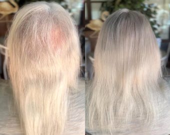 Light Density Hair Topper | 12" Blonde/Gray | Mono Cap | 100% Remy Hand-Tied Human Hair | Wig Alternative | Gentle on Thin, Fragile Hair