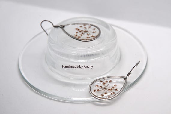 Real pressed flower in crystal clear resin dangle stainless steel earrings*