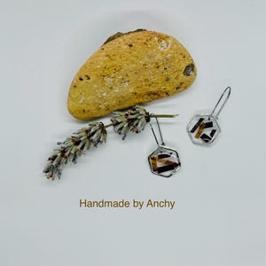 May include: A pair of silver earrings with hexagonal resin accents. The resin is clear and contains small pieces of brown and red material. The earrings are hanging from a white surface with a small rock and a sprig of lavender.