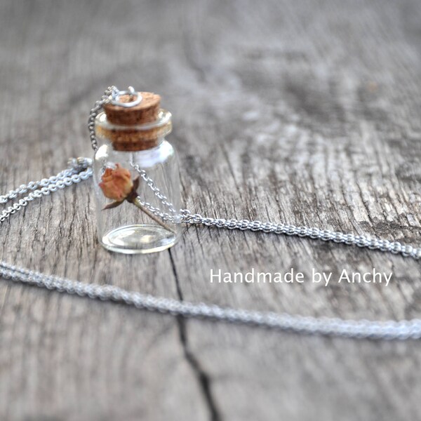 Small bottle with real dry rose flower blossom and silver plated necklace*