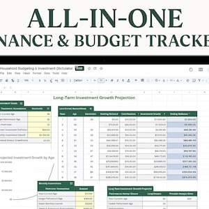 May include: A digital tablet displays a finance and budget tracker spreadsheet. The text "ALL-IN-ONE FINANCE & BUDGET TRACKER" is at the top. The spreadsheet shows data for long-term investment growth projection, with columns for age, contributions, and investment growth.